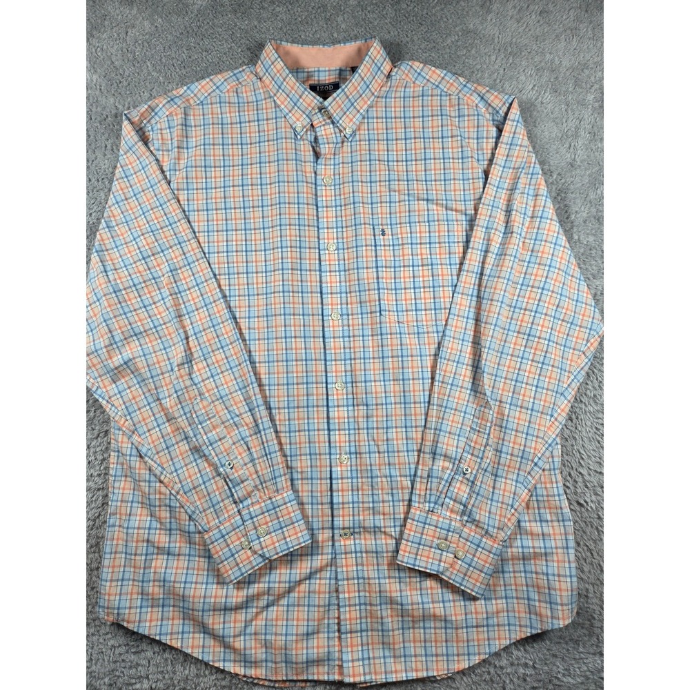 IZOD Button Down Shirt L Blue Peach Mens Plaid Premium Essentials Long Sleeve - Picture 2 of 10